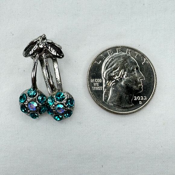 Vintage Silver Tone and Blue Rhinestone Crystal Cherries Hairclip Clip Barrette - Picture 6 of 6